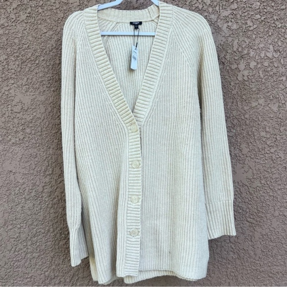NEW! EXPRESS Knit Sweater Long Sleeve Button Front Cardigan Women Large‎ Neutral
